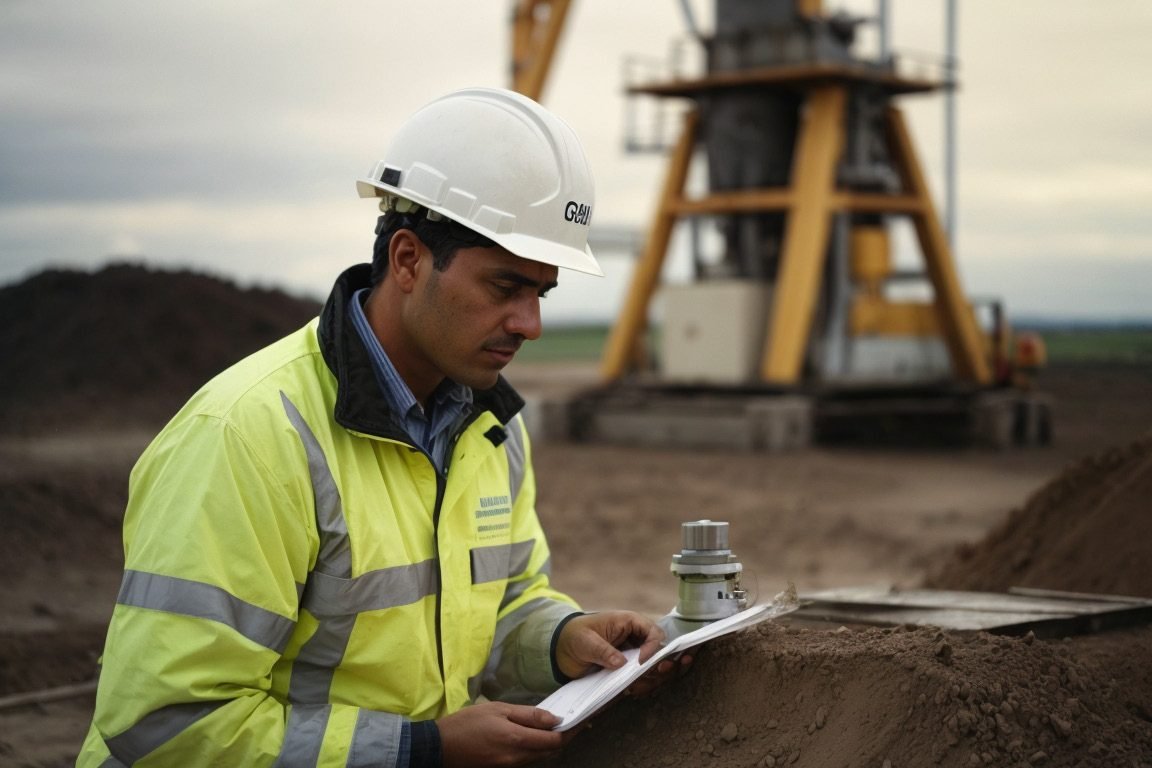 Ingeniero geotécnico revisando resultados en campo